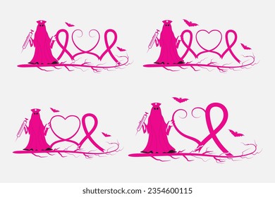set of Halloween ghost costume Breast Cancer Awareness Heart Ribbon with Butterfly Registered Nurse Stethoscope vector, Scary Ghost Nurse Stop cancer clipart, bat pumpkin Spooky Funny Halloween svg