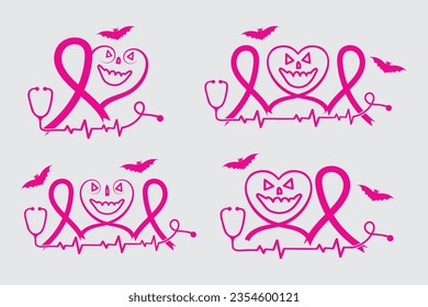set of Halloween ghost costume Breast Cancer Awareness Heart Ribbon with Butterfly Registered Nurse Stethoscope vector, Scary Ghost Nurse Stop cancer clipart, bat pumpkin Spooky Funny Halloween svg