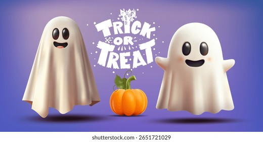 Set of Halloween ghost cute 3d character with pumpkin. Simple minimal flying spirit. Spooky scary cartoon costume icon. Disguise white sheet with pumpkin. Vector funny night fear smile boo sticker.