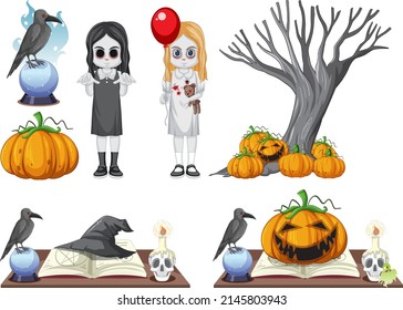 Set of halloween ghost and element illustration