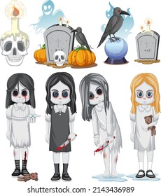 Set of halloween ghost and elements illustration
