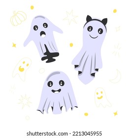 Set of Halloween ghost on a white background. October 31. Cute cartoon boos. Vector illustration.	
