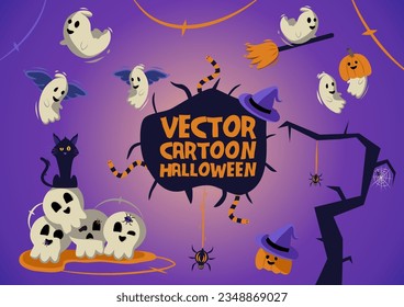 Set halloween, ghost, pumpin, tree, vector cartoon style