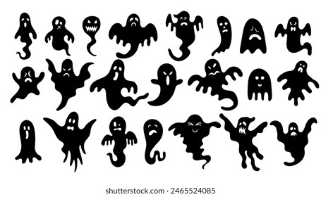 Set de Silueta Fantasma de Halloween con caras de miedo. Abstractas Colección de espíritus místicos de Halloween. Ilustración vectorial aislada sobre fondo blanco