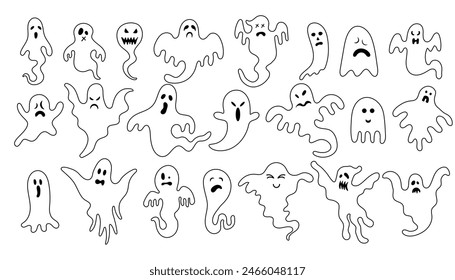 Set de Silueta Fantasma de Halloween con caras de miedo. Abstractas Colección de espíritus místicos de Halloween. Ilustración vectorial aislada sobre fondo blanco