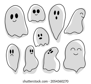 Set of Halloween Ghost Silhouettes, Collection for holiday decoration. Vector illustration on a white isolated background. Doodle Style and Linear Illustrations, vector color spots.