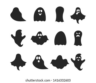 Set of Halloween ghost silhouettes. Scary haunted house phantoms. Cute cartoon boos. October night party decoration.