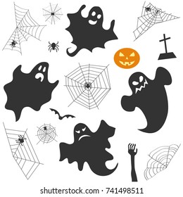 Set for Halloween. A ghost, a spider with a spider web, a pumpkin, a grave cross, a zombie hand. Flat design, vector illustration, vector.