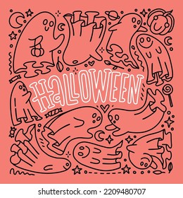 Set Of Halloween Ghost and steet spooks characters in doodle style. Composition of spirit Doodles with lettering word. Hand drawn linear vector illustration.