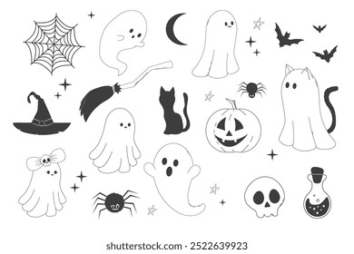 Set Halloween ghost with witch hat, skull, cute doodle characters and elements cute spooky decoration, line. Bat, stars, moon. Animal with black tail. 