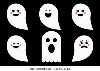 Set of Halloween ghost.Cute spooky monster in different face isolate on black.Vector graphic elements. 