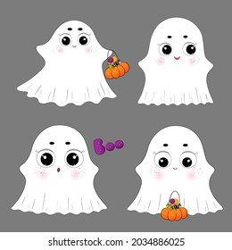 Set of Halloween ghosts. Halloween characters. Funny ghost with treat bowl. Cartoon ghosts, spooky phantoms isolated. Candies, treats, spooky dessert. Halloween flying spirit, boo. Poltergeist kawaii 