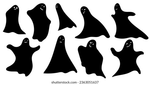 Set of Halloween Ghosts. Dancing Black Phantoms. Scary Ghostly Monsters. Cartoon Spooky characters. Hand drawn Silhouettes. Vector illustration.