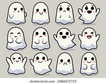 A set of Halloween ghosts with different emotions on a simple background. Suitable for wallpaper, textile prints, covers, digital backgrounds, scrapbooking, etc.