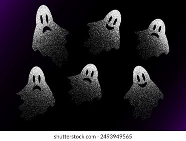 Set of Halloween ghosts with grain texture. Elements for poster design, stickers. Vector illustration. EPS 10