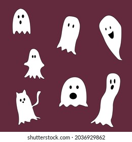 conjunto de fantasmas de Halloween. ilustración de un fondo con salpicaduras. Feliz Halloween, fantasma, fantasmas blancos aterradores.fantasmas espeluznantes