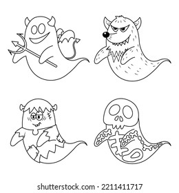 Set of Halloween Ghosts Set of halloween ghosts including devil, werewolf, frankenstein, and skeleton vector illustration cartoon isolated on white background. Cute halloween cartoon.