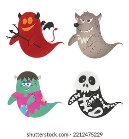 Set of Halloween Ghosts Set of halloween ghosts including devil, werewolf, frankenstein, and skeleton vector illustration cartoon isolated on white background. Cute halloween cartoon.
