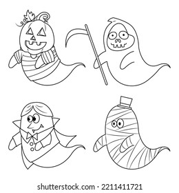 Set of Halloween Ghosts Set of halloween ghosts including Jack-o'-lantern, death's messengers, dracula , and mummy vector illustration cartoon isolated on white background. Cute halloween cartoon.