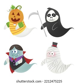 Juego de Fantasmas de Halloween Conjunto de fantasmas de Halloween incluyendo la linterna de Jack-o', mensajeros de la muerte, dracula , y caricatura de la ilustración del vector momia aislada en fondo blanco. Caricatura de Halloween.