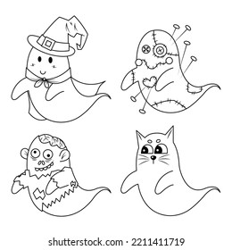 Juego de fantasmas de halloween incluyendo bruja, muñeca vudú, zombie y dibujos ilustrados vectoriales de gatos negros aislados en fondo blanco. Caricatura de Halloween.