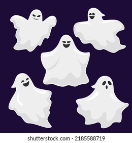 Conjunto de fantasmas de Halloween aislados en un fondo oscuro. Carácter curioso y gracioso de cutecaracter. Fiesta que celebra la noche de Halloween. Ilustración vectorial.