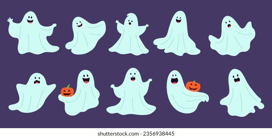 Set of Halloween ghosts on dark background. Spirit characters wearing black hats, masks, cloak, illuminated Jack-o'-Lantern pumpkin