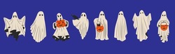 Set Of  Halloween Ghosts. Halloween Scary Spirits With Pumpkins In Different Poses. Halloween Ghosts Isolated Flat Vector Illustrations.

