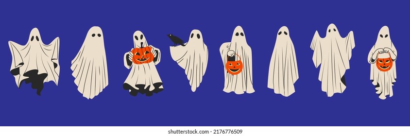 Set of  halloween ghosts. Halloween scary spirits with pumpkins in different poses. Halloween ghosts isolated flat vector illustrations.

