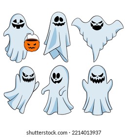 Set of halloween ghosts. Halloween scary spirits with pumpkins in different poses. Halloween ghosts isolated flat vector illustrations.