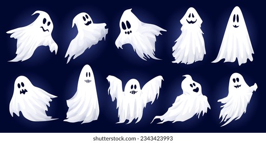 Set of halloween ghosts. Halloween scary spirits in different poses. Spooky flying phantom ghosts vector symbols illustrations set.