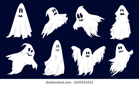 Conjunto de fantasmas de Halloween. Espíritus de miedo de Halloween en diferentes poses. Fantasmas fantasmas voladores fantasmas vectores símbolos ilustraciones conjunto.