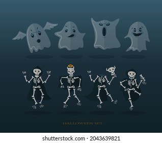 Set for Halloween ghosts and skeletons.Cute skeleton and scary ghost. Halloween holidays cartoon character background.Vector illustration. Can use of banner, brochure, flyer, greeting card.