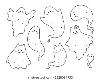 Conjunto de fantasmas de Halloween. Ilustración vectorial. Objetos aislados sobre fondo blanco.