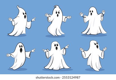 Establece fantasmas de halloween. Espíritus blancos. Pack para crear animaciones. Festividad internacional del miedo y el horror. Personajes miedosos y místicos. Colección de Vector plana aislada sobre fondo azul