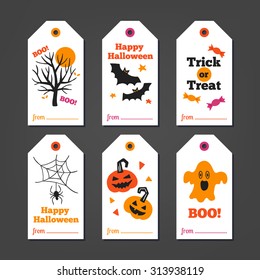 Set of Halloween Gift Tags with autumn tree, bats, candy, spider, pumpkins and ghost on white background. Perfect for holiday greetings