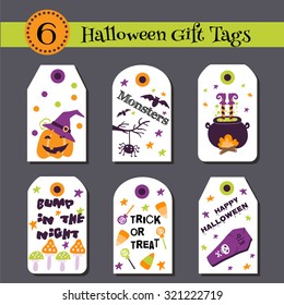 Set of Halloween Gift Tags with cartoon bright illustrations of sweets, candy, pumpkins, ghosts, skulls, witches, fly agaric, zombies, vampires. Bright design for Halloween in traditional colors