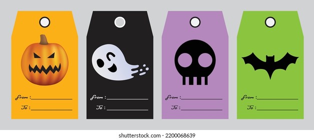 Set Halloween gift tags. Cute label template happy Halloween day for greeting cards, birthdays, invitations, tags, and party decorations. pumpkin, bat, ghost, skull cartoon illustrations