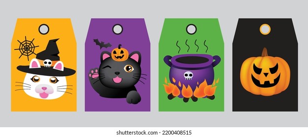 Set Halloween Gift Tags. Cute Label Template Happy Halloween Day For Greeting Cards, Birthdays, Invitations, Tags, And Party Decorations. , Monster, Witch, Pumpkin, Cat, Spider Cartoon Illustrations