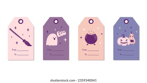 Set Halloween gift tags. Cute label template happy Halloween day for greeting cards, birthdays, invitations, tags, and party decorations. pumpkin, bat, ghost, witch hat, broom cartoon illustrations