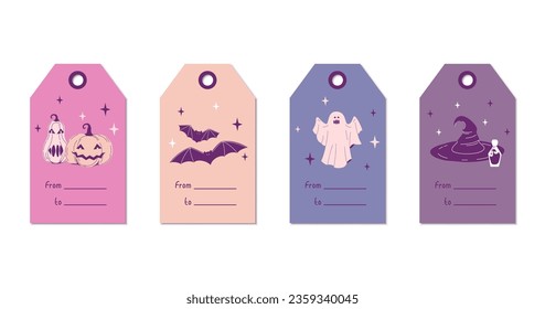 Set Halloween gift tags. Cute label template happy Halloween day for greeting cards, birthdays, invitations, tags, and party decorations. pumpkin, bat, ghost, witch hat, broom cartoon illustrations