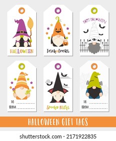 Set of Halloween Gift Tags featuring Scandinavian Gnomes in Halloween Costumes. Witch, Mummy, Vampire, Frankenstein's Monster, Candy Cone, etc. 