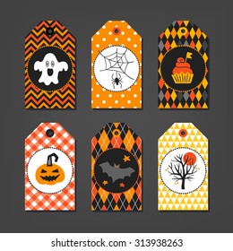 Set of Halloween Gift Tags with ghost, spider, cupcake, pumpkin, bat and autumn tree on geometric background. Chevron, Polka Dot, Harlequin, Gingham, Argyle and Triangles seamless patterns