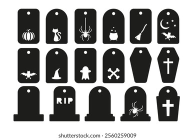 Set of Halloween gift tags, name card, discount label shapes. Vector templates for cutting. Craft paper or cardboard labels cut files