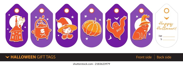 Set of Halloween gift tags. Vector collection of name gift tags with halloween themed holiday illustrations in cute funny cartoon style. Halloween label template with two side design.
