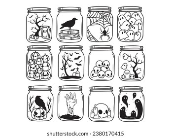 Set of halloween glass jars with a scene inside. Collection of horror bottles with flying bat, skull head, pumpkin. Magic apothecary jars. Vector illustration for t-shirt print.