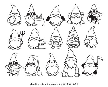 Set of Halloween gnomes. Collection of garden gnomes in costumes of monsters frankenstein, mummy, witch, etc. Vector illustration on white background.