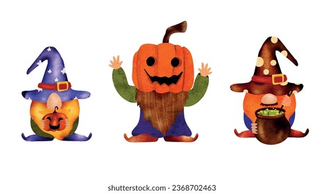 Set of Halloween Gnomes, creepy and cute vector illustrations. Cute Watercolor clip art elements, ready to print. Perfect for invitation, card, poster, banner, children products, decorations