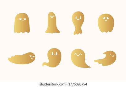 Set of Halloween golden cute ghost silhouettes. Haunted house gold phantoms. Cartoon boos. October night party decoration.