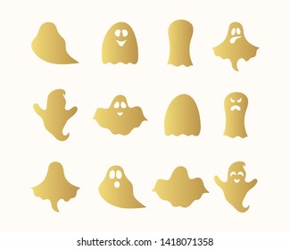 Set of Halloween golden ghost silhouettes. Scary haunted house phantoms. Cute cartoon boos. October night party gold decoration.